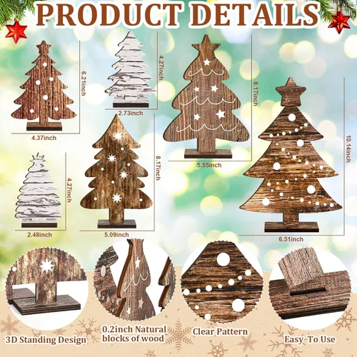 Vista 2 de 6 piezas de decoración de mesa de árbol de Navidad de madera, 6 tamaños, decoración de árbol de Navidad de madera independiente, letreros rústicos