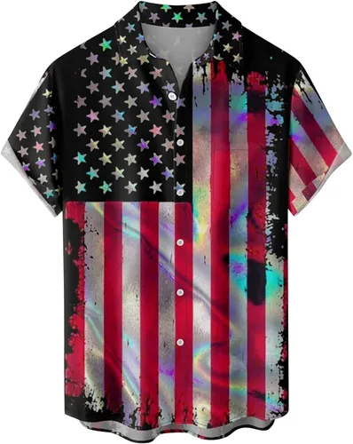 RCESSD Men's 1776 Independence Day Short Sleeve Shirts 3D Printed Flower Hiking Shirt Stars and Stripes Shirts for Men