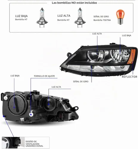 Vista 3 de Conjunto de faros delanteros compatible con Volkswagen Jetta MK6 11-18, modelo halógeno, carcasa negra, esquina ámbar Negro