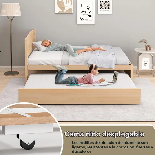 Vista 4 de Cama nido individual, marco de cama extraíble de madera maciza, cama de día extensible con cabecera y soporte de listones de madera sólida Natural