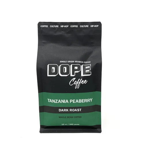 Dope Coffee Ground Tanzania Peaberry Dark Roast, Rainforest Alliance, 100% café arábica, 12 onzas