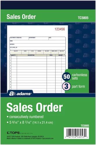Adams Libro de pedidos de ventas, 3 partes sin carbono, blanco/canario/rosa, 5-9/16" x 8-7/16", 50 juegos (TC5805)