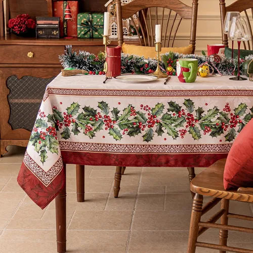 Softalker Mantel Rectangular de Jacquard de Navidad, Mantel Impermeable Vintage de Invierno con Acebo, Cubierta de Mesa de Tela Estilo Granja