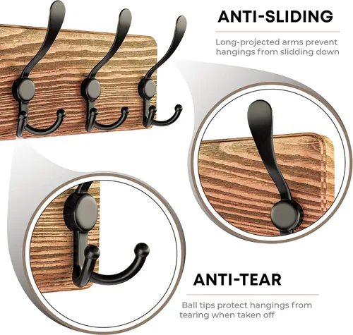 Vista 3 de Perchero rústico de pared – Perchero de pared de madera de pino maciza con 5 ganchos triples – Perchero premontado – 17 pulgadas de largo, 16