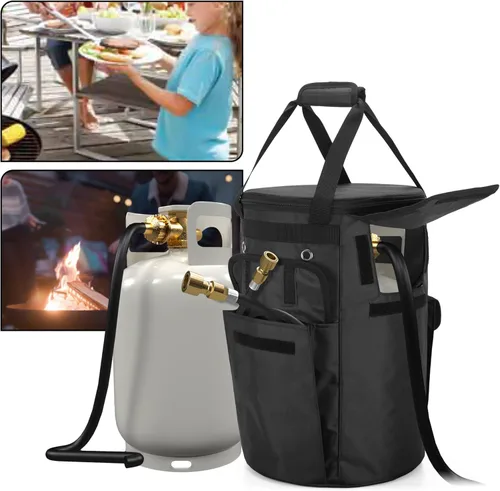 Vista 7 de samdew Funda para tanque de propano, bolsa de tanque de gas propano de 20 libras con solapa lateral abatible y función de mesa estable, 2 bolsillos