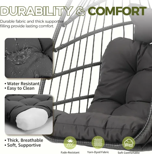 Vista 6 de RADIATA Silla colgante en forma de huevo para todo clima Sin soporte, 350 libras Asiento de hamaca de mimbre resistente para exteriores con cojines