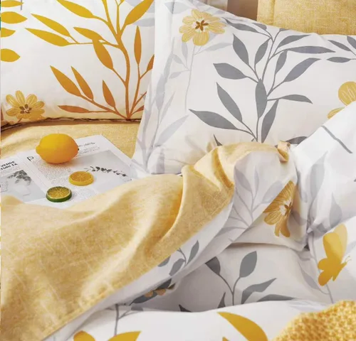 Vista 3 de SLEEPBELLA Funda de edredón tamaño Queen, 600 hilos de algodón reversible con ramas grises y flores amarillas (tamaño Queen, hojas blancas)