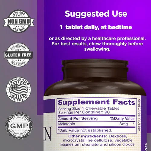 Vista 3 de Tabletas de melatonina de 3 mg de disolución rápida, apoyo natural para dormir, masticables de máxima resistencia, sabor a bayas, 90 unidades, sin