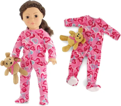 Conjunto de pijama de muñeca de 18 pulgadas, mameluco de corazón rosa, traje de dormir de muñeca Emily Rose con compañero de oso de peluche, muñeca