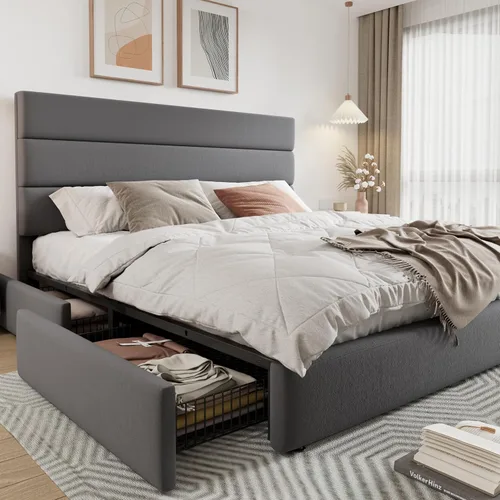 Vista 10 de Allewie Base de cama moderna de tamaño matrimonial con 4 cajones de almacenamiento y cabecera tapizada de terciopelo, soporte de listones de madera