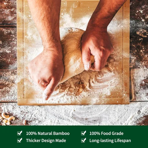 Vista 5 de Tabla de cortar de bambú - Tabla grande de 20 x 20 pulgadas de madera para cocina, carne, verduras, BBQ, bloque cuadrado de carnicero con ranura
