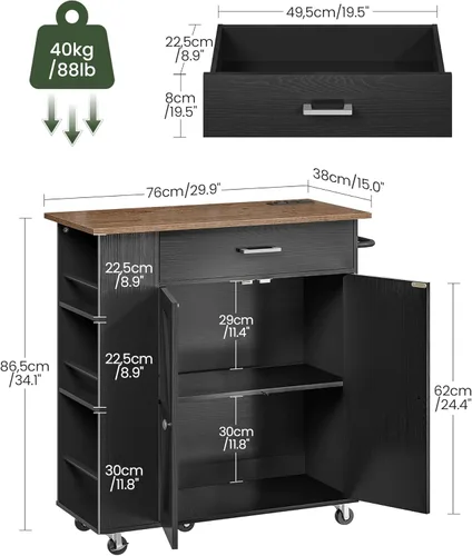 Vista 4 de CHOEZON Carrito de isla de cocina con almacenamiento, carrito de bar con estación de carga, isla de cocina sobre ruedas, mesa móvil rodante