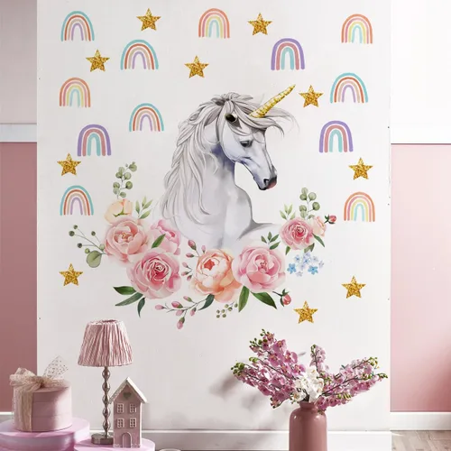 Vista 9 de Runtoo Calcomanías de pared de unicornio rosa arcoíris para niñas, dormitorio, bebé, guardería, habitación de niños, decoración de fiesta de 2