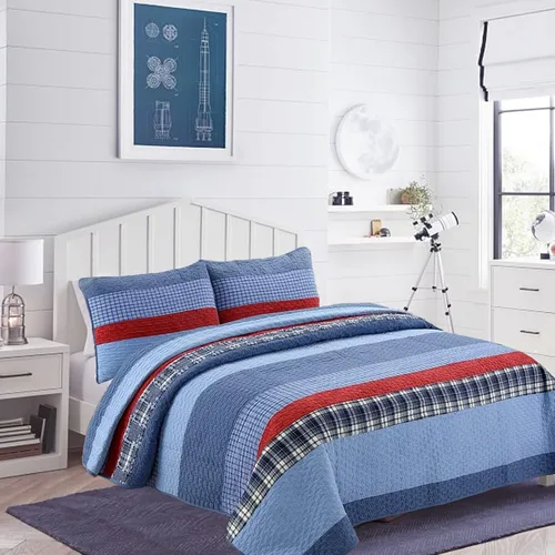 Vista 13 de Cozy Line Home Fashions Juego de ropa de cama acolchada reversible para niño de 100% algodón a rayas azul marino, colcha cubrecama para todas