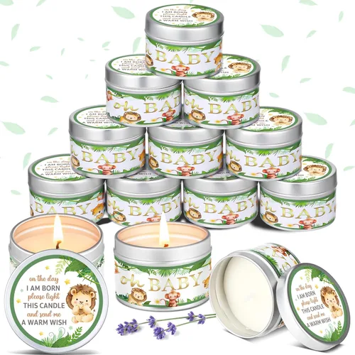 Vista 9 de Funtery 12 velas de fiesta de baby shower para invitados, velas perfumadas de lavanda, velas rústicas para revelación de género (brotes)