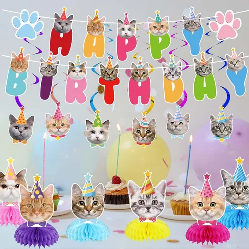 Vista 6 de Decoraciones de cumpleaños con temática de gato, incluye 1 pancarta de cumpleaños, 6 centros de mesa de panal, 6 espirales colgantes con 6 recortes