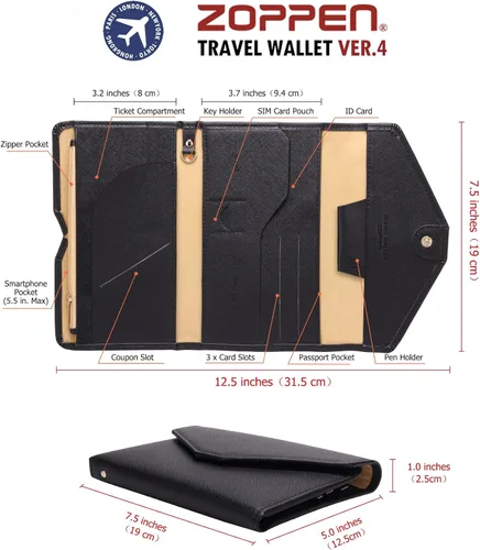 Vista 5 de Zoppen - Billetera de viaje con bloqueo RFID multiusos (Ver.4) Portatarjetas de pasaporte y vacunas, organizador de documentos de tres pliegues