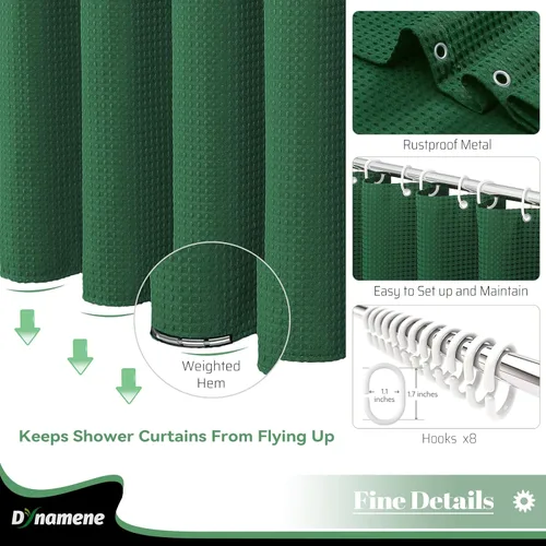 Vista 496 de Cortina de ducha de tela Dynamene verde oscuro - Cortinas de baño de tela de nido de abeja texturizadas resistentes, juego de cortinas de baño