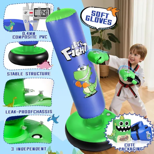 Vista 2 de Bolsa de boxeo inflable, bolsa de boxeo de 48" para niños con guantes de boxeo, juego de boxeo estable para karate, taekwondo, juguete de dinosaurio