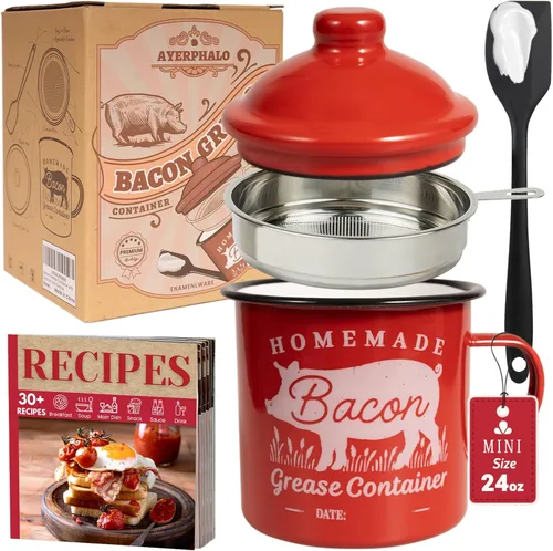 Vista 8 de Recipiente para grasa de tocino con colador - Con espátula de silicona de grado alimenticio de 24oz, recipiente rústico de grasa esmaltado