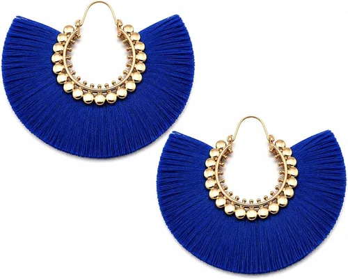Vista 22 de Aretes de aro con borla, aretes colgantes de hilo de declaración, elegantes aretes largos con flecos, ligeros, largos y con gancho francés, para un