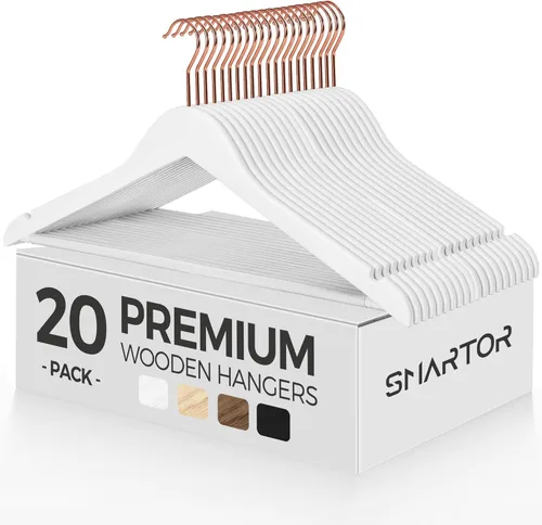 Vista 11 de Smartor Paquete de 20 perchas de madera maciza para armario, perchas de madera resistente para trajes, camisas, vestidos, con gancho de oro rosa