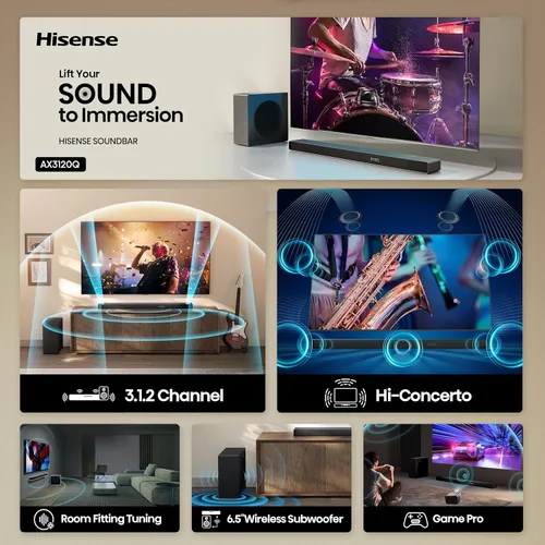 Vista 15 de Hisense Barra de sonido todo en uno A620 de 2.1 canales con subwoofer incorporado, 240 W, DTS Virtual: X, Dolby Dightal Plus, Bluetooth 5.3, Roku TV