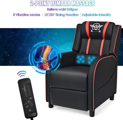 Vista 5 de BUSHLY - Silla reclinable ajustable para juegos, sofá individual de masaje estilo carreras con reposacabezas y almohada lumbar, sillón reclinable