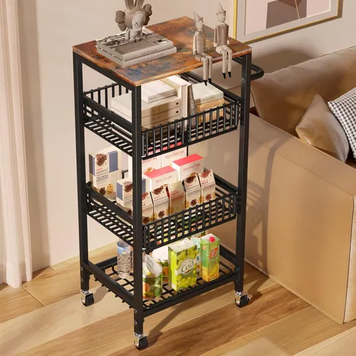 Vista 7 de Carro rodante de 4 niveles, carrito de utilidad, carrito de almacenamiento, carritos de cocina con ruedas con parte superior de madera, cesta