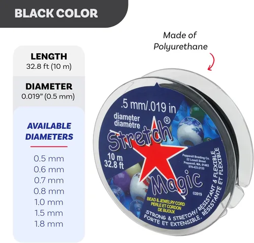 Vista 3 de Stretch Magic Cordón elástico para cuentas – Color negro, 0.020 in de diámetro, 32.8 ft (32 pies) – Cuerda fácil de anudar, fuerte y elástica