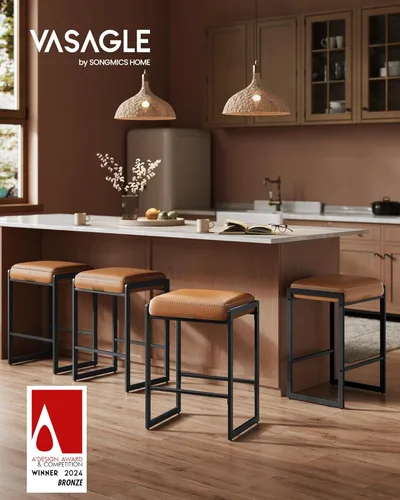 Vista 9 de VASAGLE EKHO Collection - Juego de 3 taburetes de bar, taburetes de bar de altura de mostrador, cuero sintético con costuras, taburetes de mostrador