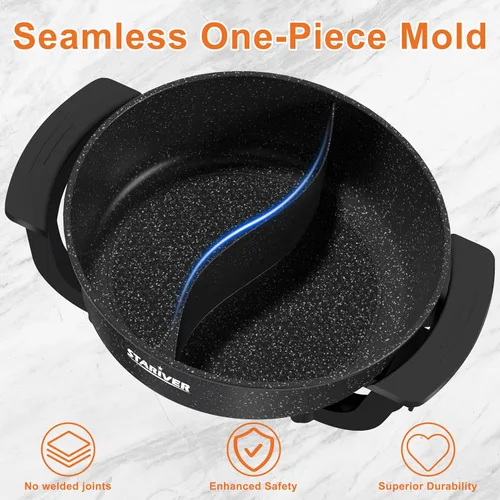 Vista 7 de Stariver Olla eléctrica de 6 litros con divisor - Fondue de doble sabor y olla Shabu Shabu, 1360 W con control de 5 temperaturas, antiadherente