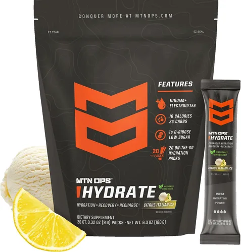 Vista 10 de MTN OPS Hydrate Electrolytes - Mezcla de bebida en polvo, 20 paquetes de electrolitos individuales para llevar con más de 1000 mg de electrolitos