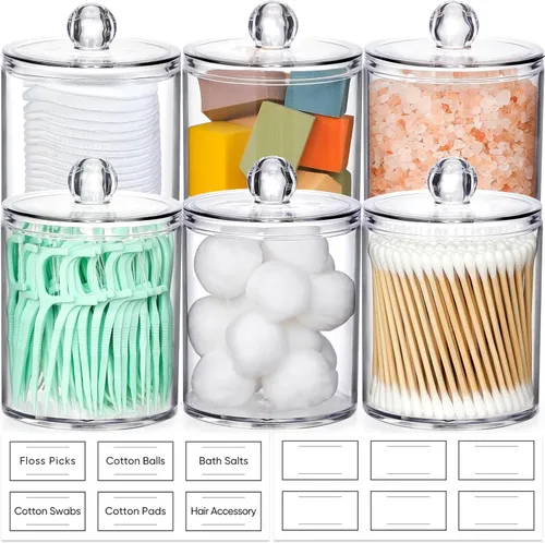 Vista 12 de Paquete de 2 dispensadores acrílicos para hisopos de algodón, bolas, almohadillas, púas de hilo dental, juego de tarros de boticario de plástico
