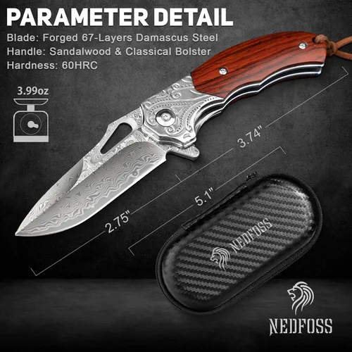 Vista 6 de NedFoss - Cuchillo de bolsillo de damasco para hombre, 2.75 pulgadas, forjado a mano VG10 Cuchillo de Damasco