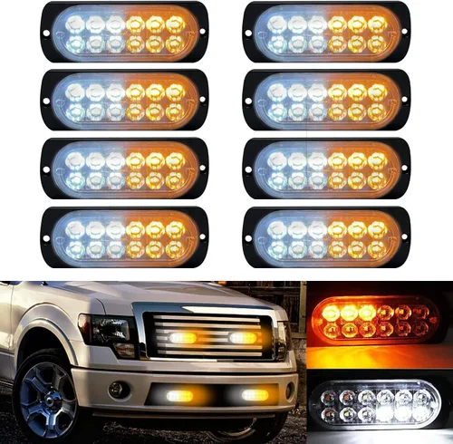 DIBMS 8 luces LED estroboscópicas de emergencia, 12 LED ámbar blanco montaje en superficie de advertencia intermitente advertencia barra de luz de