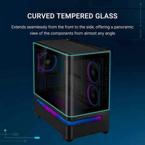 Vista 2 de ASUS Prime AP202 ARGB Black mATX carcasa de PC con vidrio curvo completamente templado, soporta tarjetas gráficas de hasta 420 mm de largo
