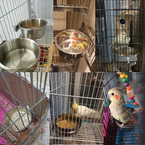Vista 2 de PINVNBY Tazones de comida de acero inoxidable para pájaros, platos de alimentación de pájaros, cuenco de agua de loro con soporte de abrazadera