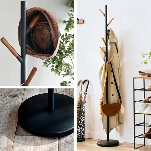 Vista 5 de Yamazaki Inicio Perchero independiente con ganchos de madera, ahorro de espacio de acero talla única negro