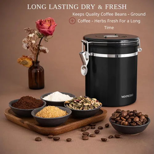 Vista 7 de Mixpresso Bote de café negro de 16 onzas, recipiente de café hermético de acero inoxidable, almacenamiento de té hermético en tarro con rastreador