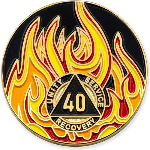 Vista 33 de Medallón de recuperación AA chapado en oro de 1 año Twisted Flames - Negro/Rojo/Naranja/Amarillo