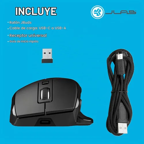 Vista 9 de JLab, JBuds, ratón inalámbrico, Bluetooth, dongle USB, multidispositivo