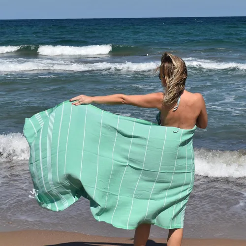 Vista 6 de Toalla de playa turca, 100% algodón, 38 x 71 pulgadas, secado rápido, delgada, ligera, suave, libre de arena, toallas compactas para playa, piscina