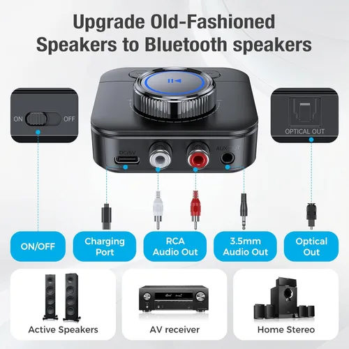 Vista 5 de Receptor Bluetooth 5.3 para estéreo doméstico, adaptador RCA Bluetooth para envolvente 3D, soporte óptico, AUX 0.138 in, adaptador receptor RCA