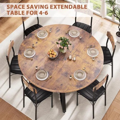 Vista 7 de Mesa de comedor redonda extensible de 43 a 57 pulgadas para 4-6, moderna mesa de comedor ovalada de cocina industrial con hojas extraíbles, base