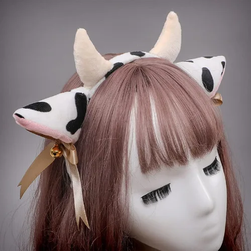 Vista 3 de BPNHNA Diadema con orejas de vaca y cuernos con lazo, campanas de cinta, diadema elástica para el pelo para fiesta, disfraz de animal de cosplay