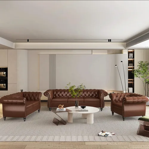 Vista 37 de Juego de 2 piezas para sala de estar, sofá Chesterfield de cuero con reposabrazos enrollados y tachuelas para sala de estar, oficina (negro)