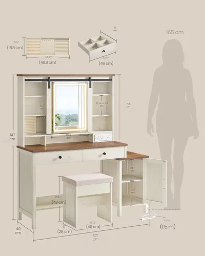 Vista 3 de VASAGLE Colección LIRY - Escritorio de tocador con espejo y luces, tocador de maquillaje de estilo granja con taburete, estación de carga, 2