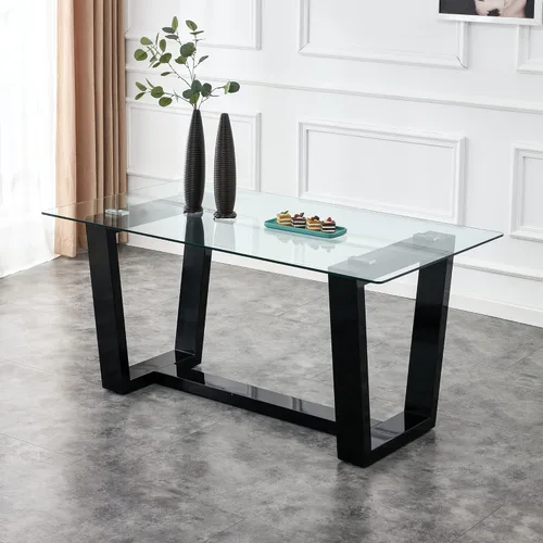Ebullient Mesa de comedor de cristal, mesa de comedor moderna, mesa de vidrio templado de 63 pulgadas con patas trapezoidales de MDF negras, mesa de