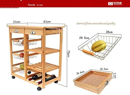Vista 8 de HOMEN Rolling Wood Kitchen Island Storage Trolley Utility Cart Rack (blanco)